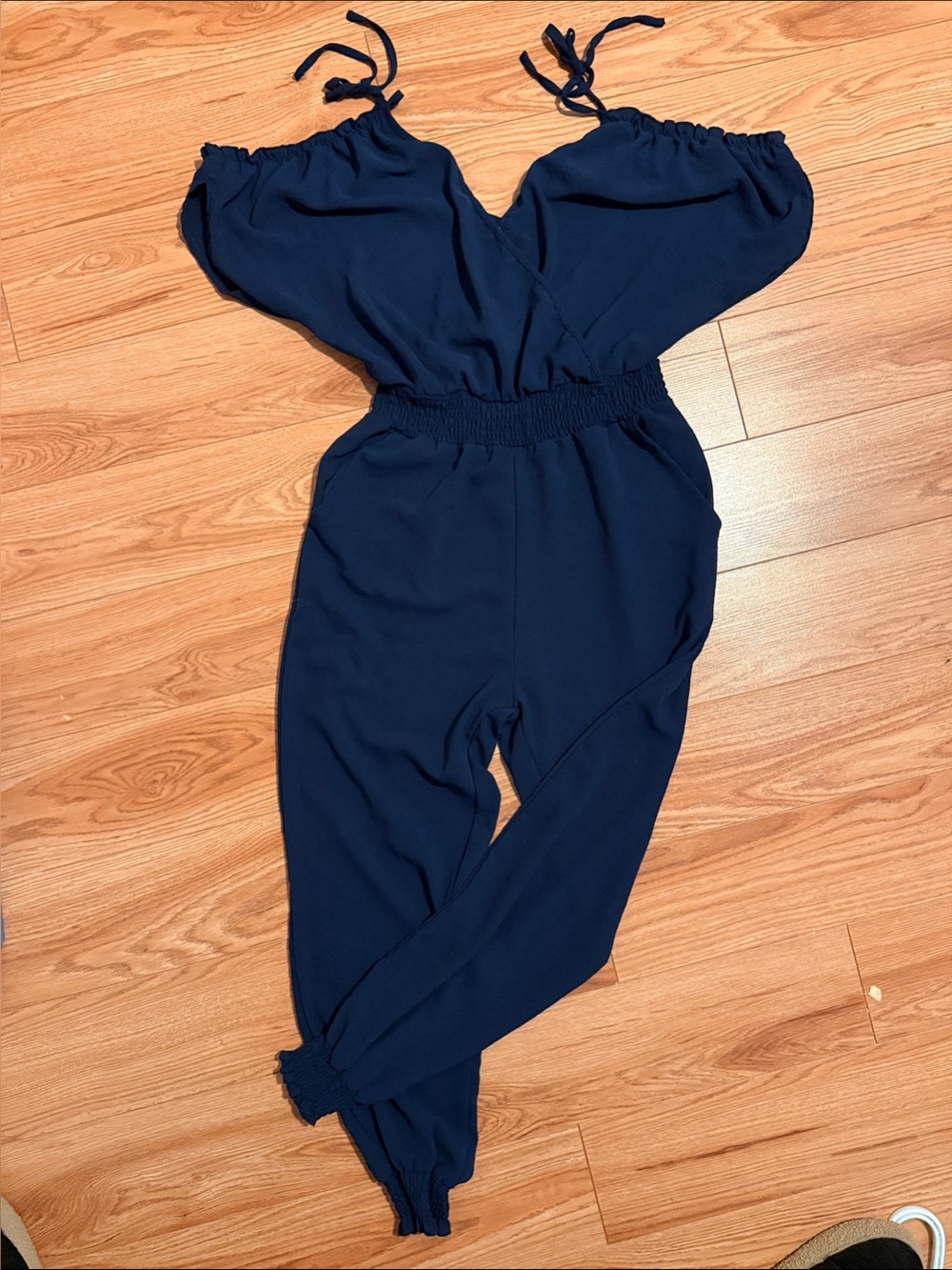 Navy Tie-Shoulder Smocked Waist Jumpsuit